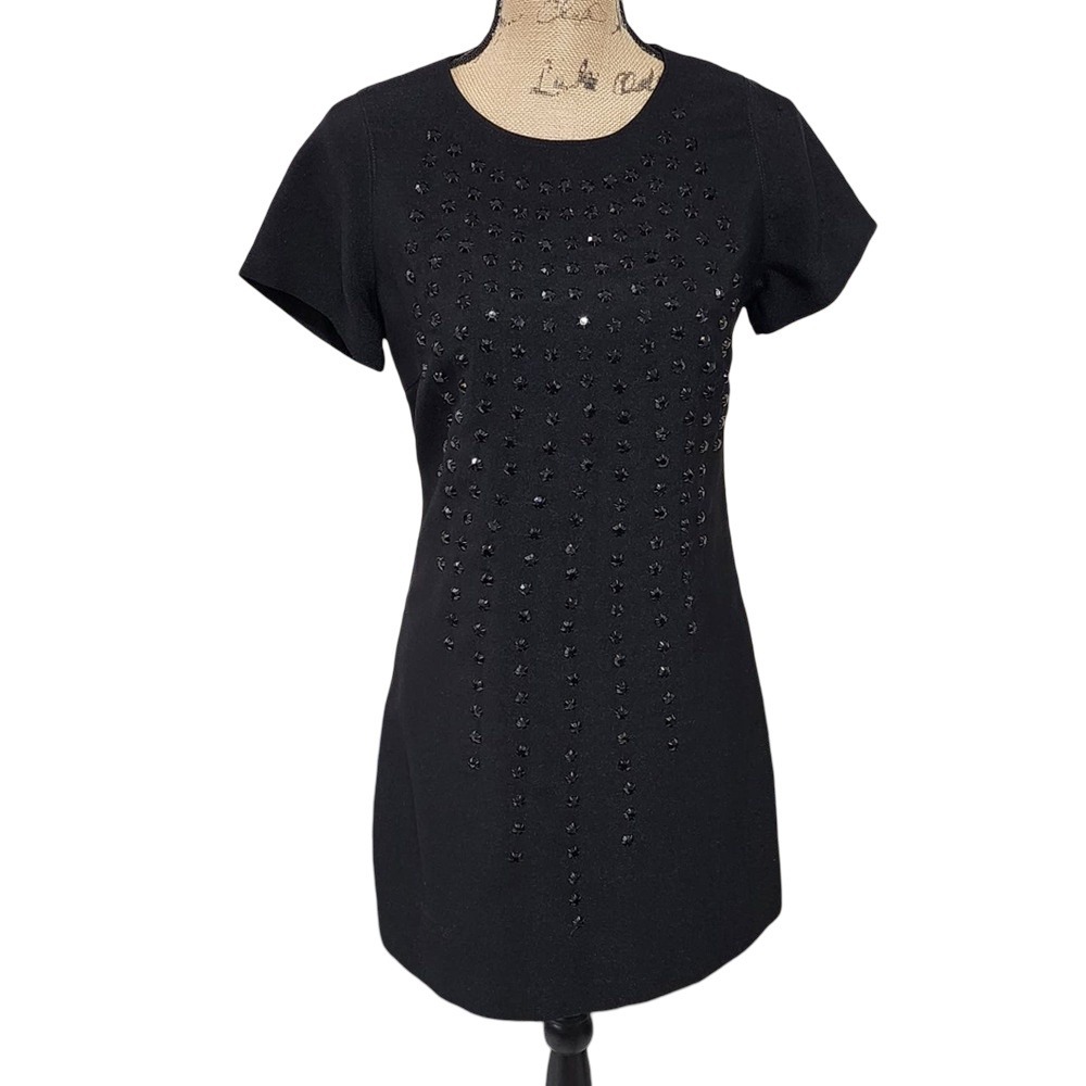 Karta Black Rhinestone Embellished Short Sleeve Shift Mini Dress Party Cocktail